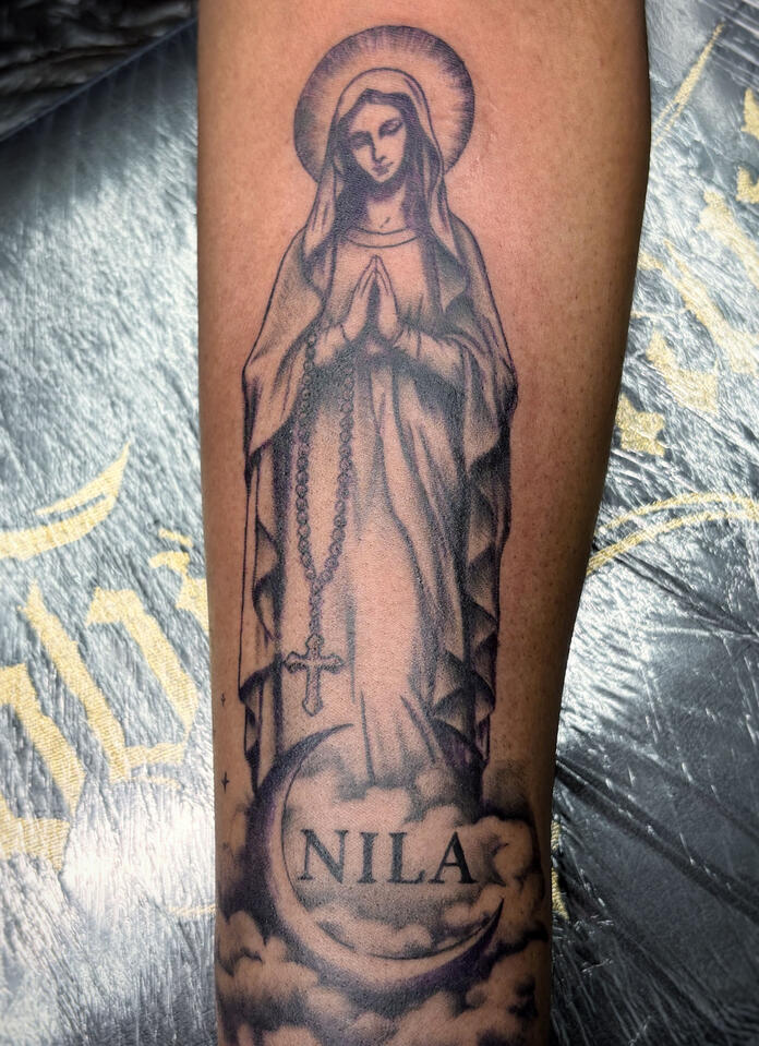 Black and Grey Maria Memorial Tattoo